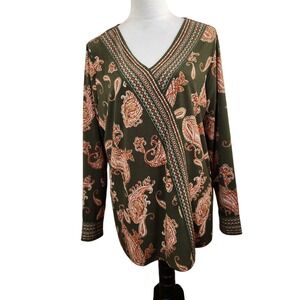 Belle Kim Gravel Women's Olive Green Paisley Print Long Sleeve V Neck Top Size L